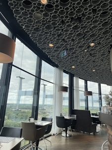 The interior of a modern restaurant with large floor-to-ceiling windows offering a view of a landscape outside. The ceiling is adorned with an artistic design made from overlapping circular tubes. The restaurant features minimalistic furniture, including dark chairs and wooden tables, with soft lighting from hanging lamps.
