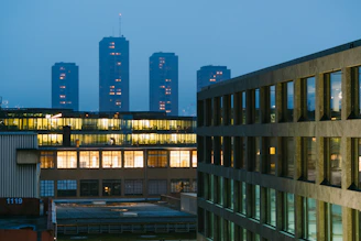 a building with a bridge and a city in the background