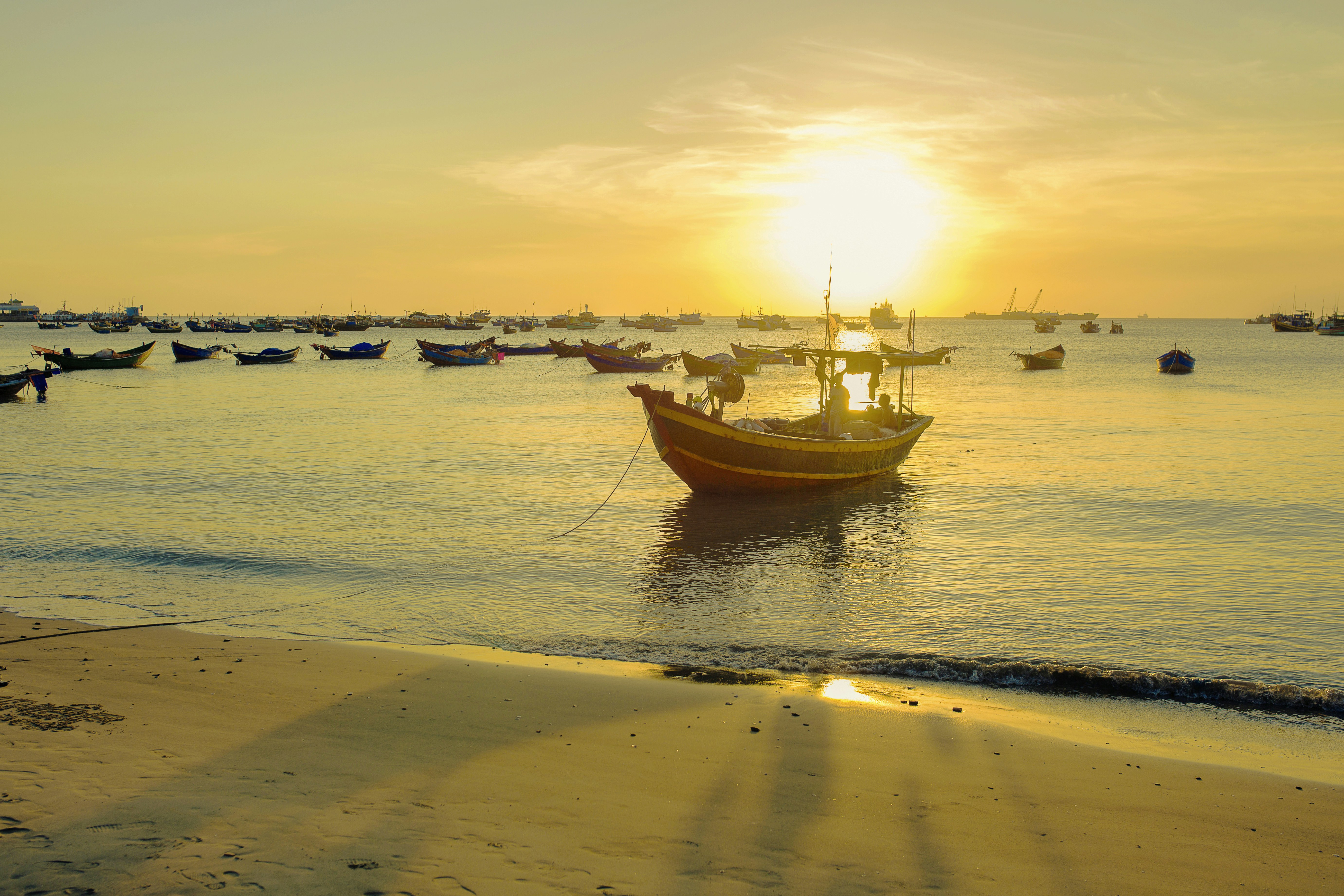 a boat sits in the water