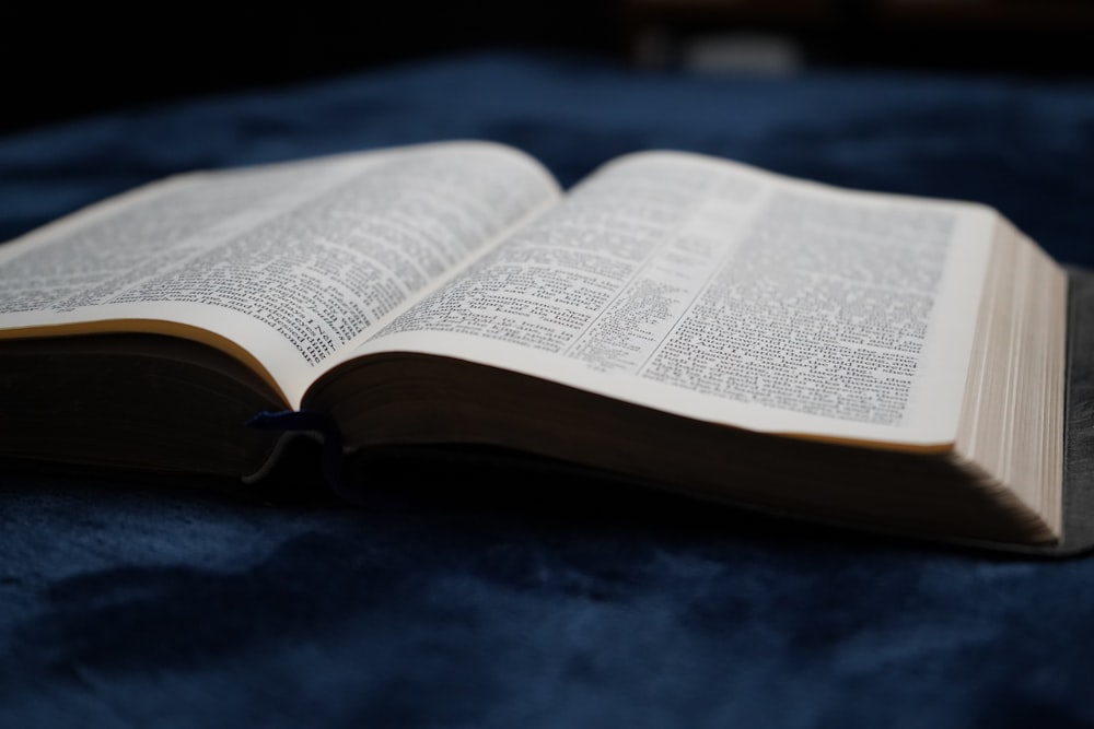 a book open on a blue surface