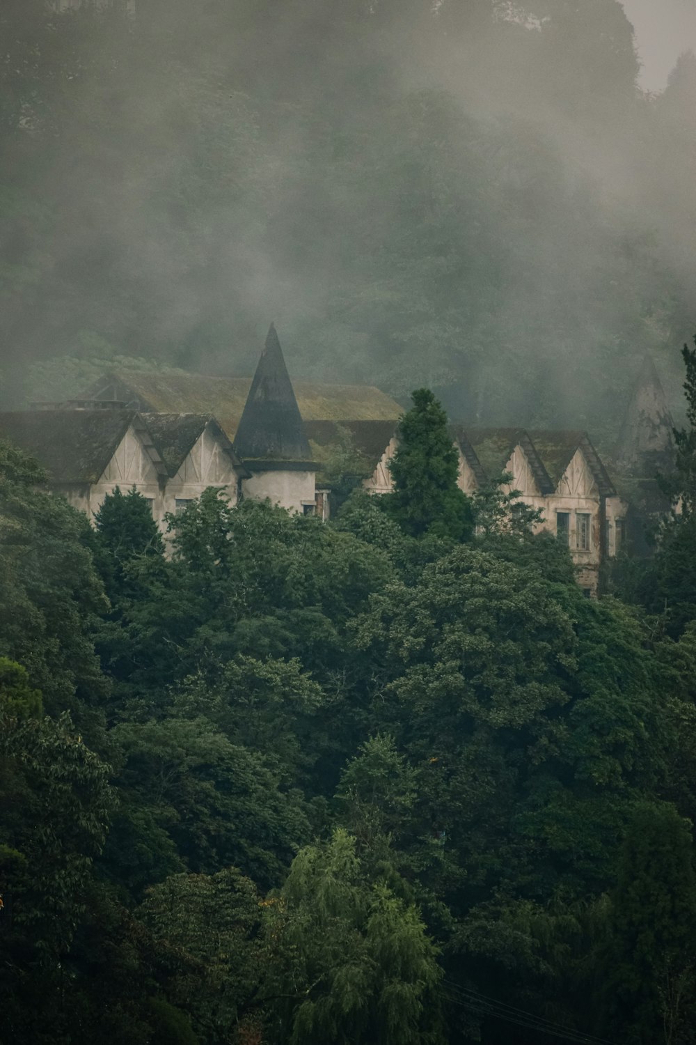 a building on a hill with trees around it