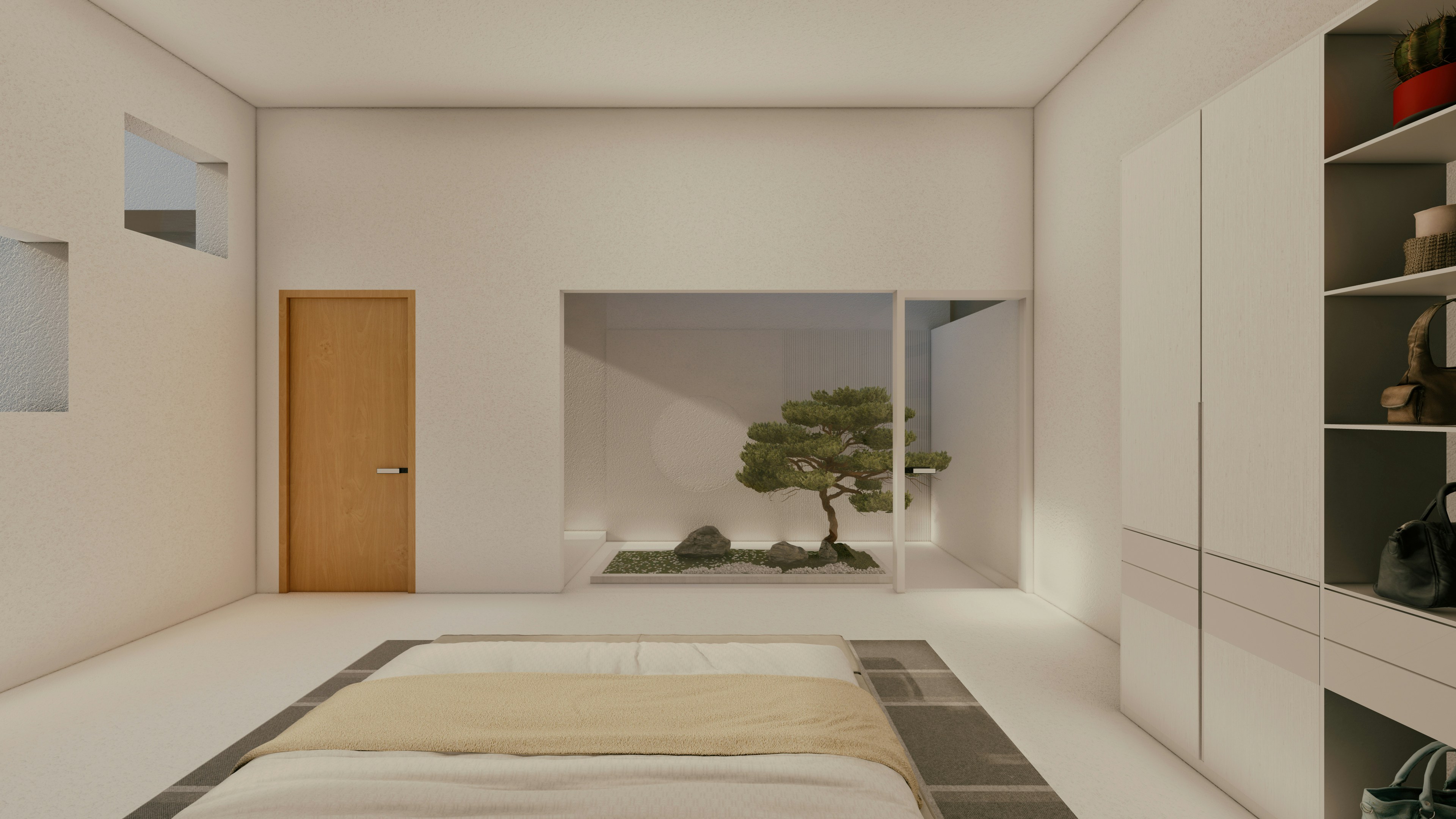Recámara de estilo japonés minimalista con cama baja de madera clara, iluminación difusa y decoración zen