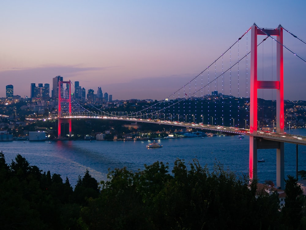 a bridge over a river with a city in the background