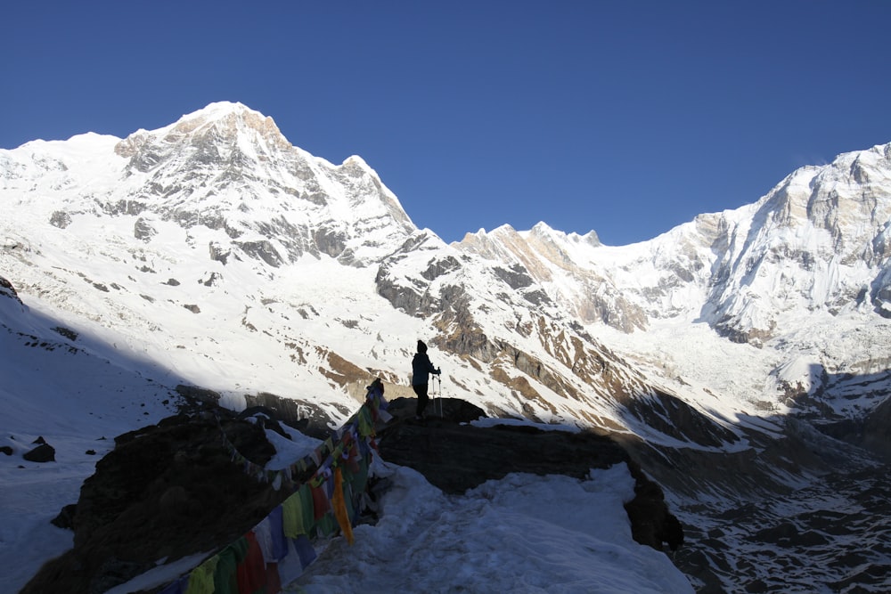 a group of people standing on a snowy mountain