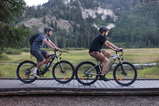 Two cyclists ride side-by-side on a wooden path through a scenic landscape. Dense forest and tall mountains form the backdrop, and the cyclists wear helmets and casual attire, suggesting a leisurely ride in nature.