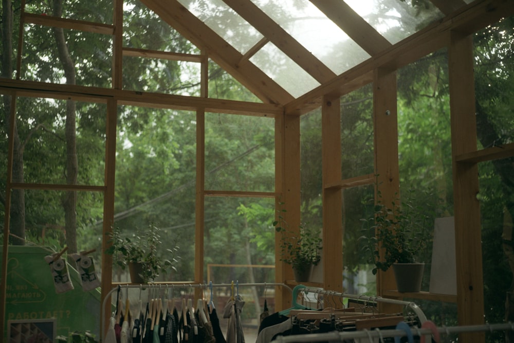 a room with a table and plants