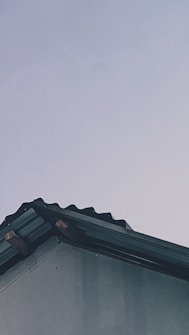 A corrugated metal roof with a wavy edge is prominent against a clear, light sky. The roof is supported by dark wooden beams and the building beneath is a plain, muted color.