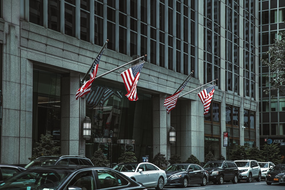 a building with flags on the front