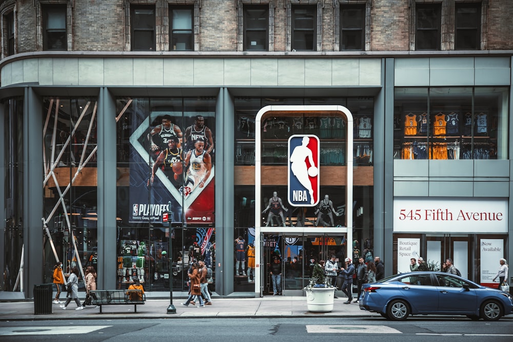 a building with a large sign on the front