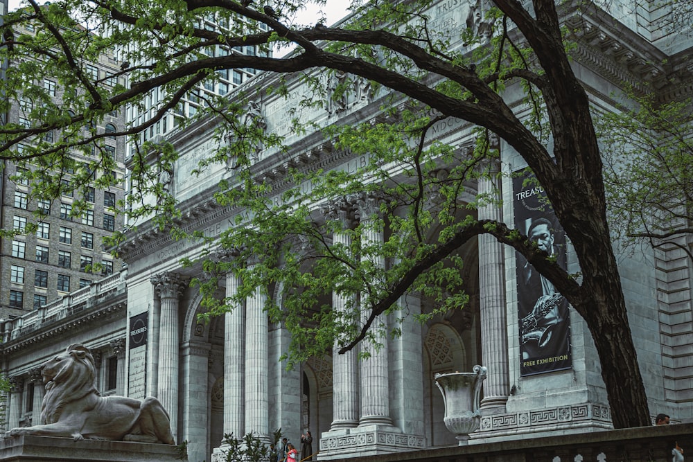 a building with trees and a statue in front of it