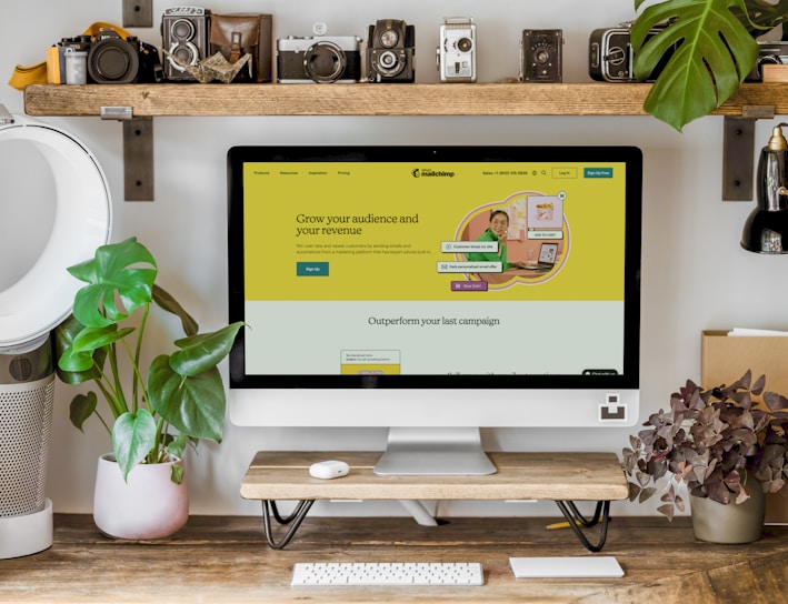 a computer monitor and plants on a table