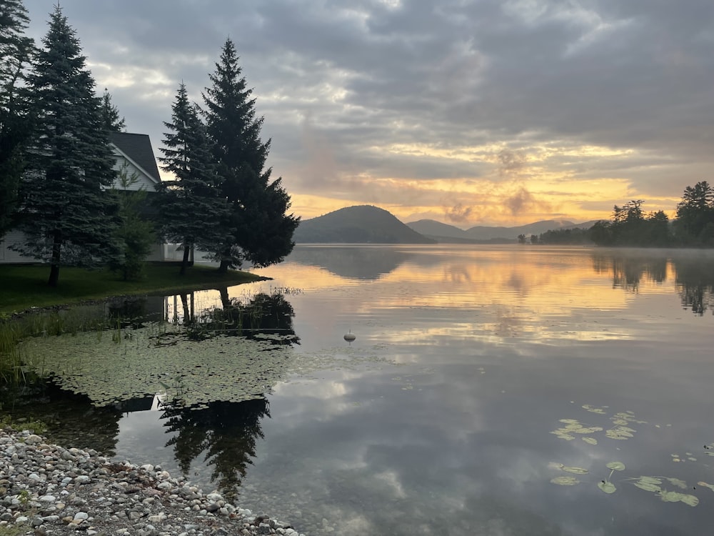 un lac arboré et une maison