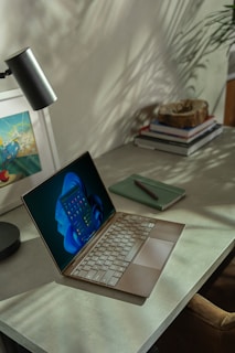 A person typing on a laptop in a cozy workspace filled with books and plants.