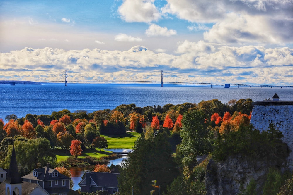 a city with a body of water in the background