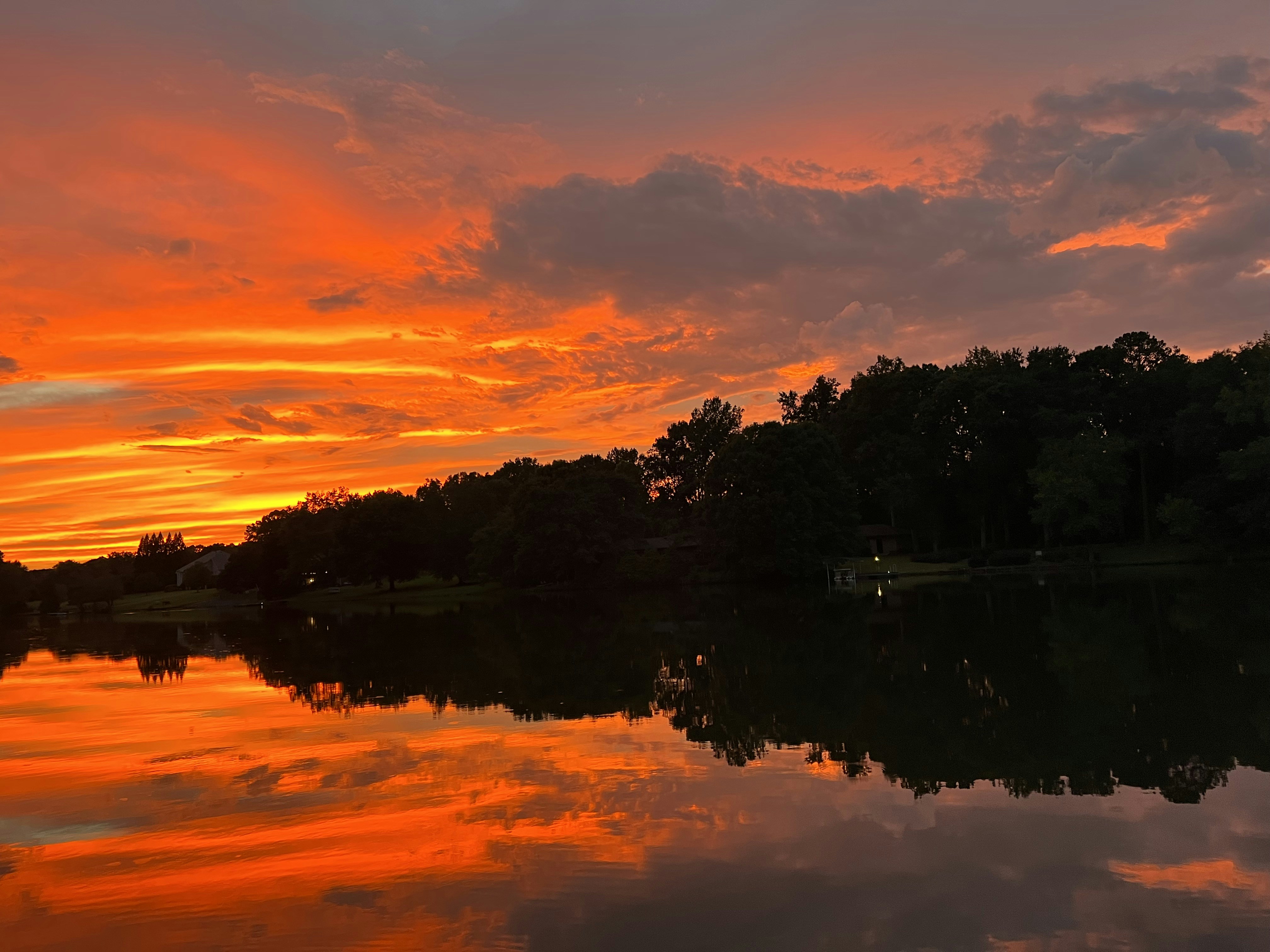 a body of water with trees and a sunset in the background