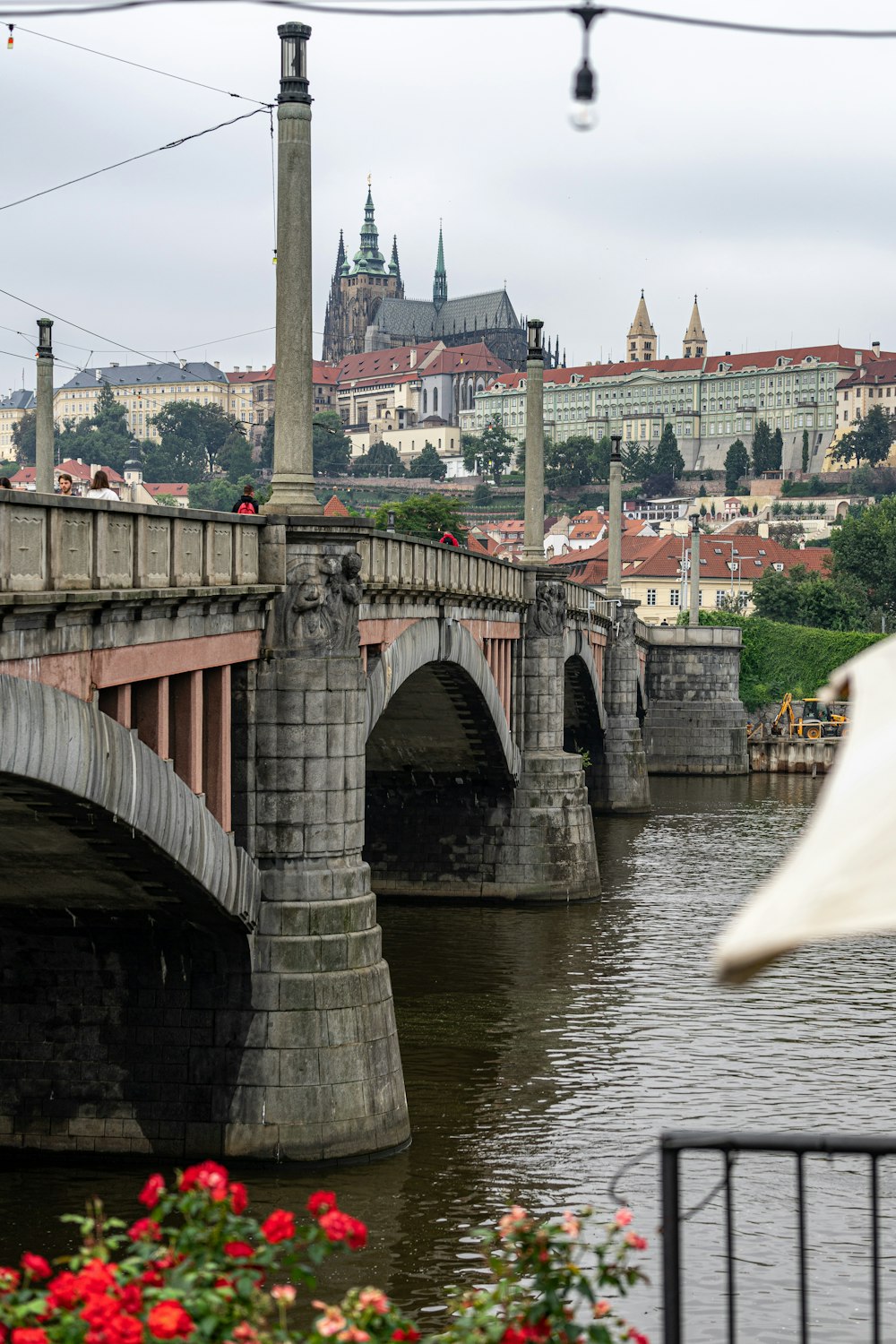 a bridge over a river with a city in the background