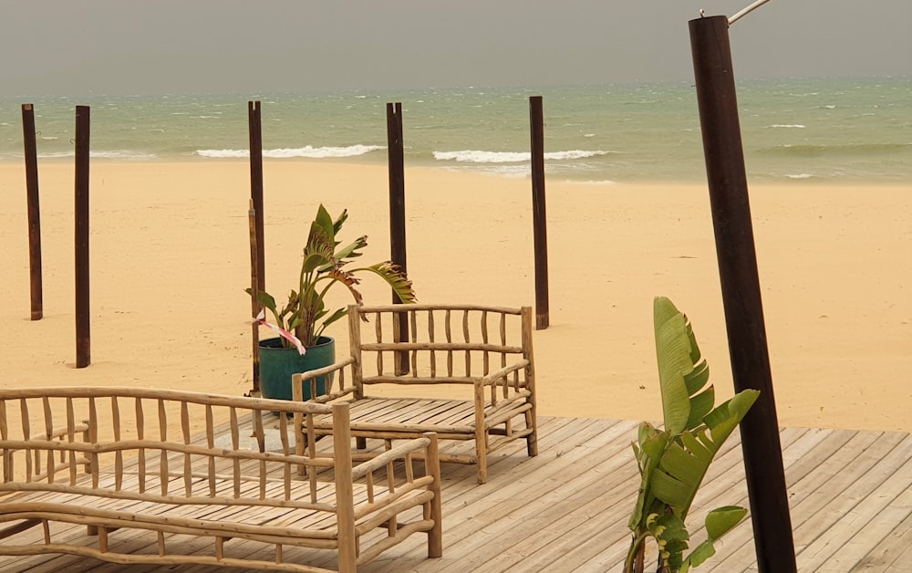 a deck with chairs and a plant on it by the beach