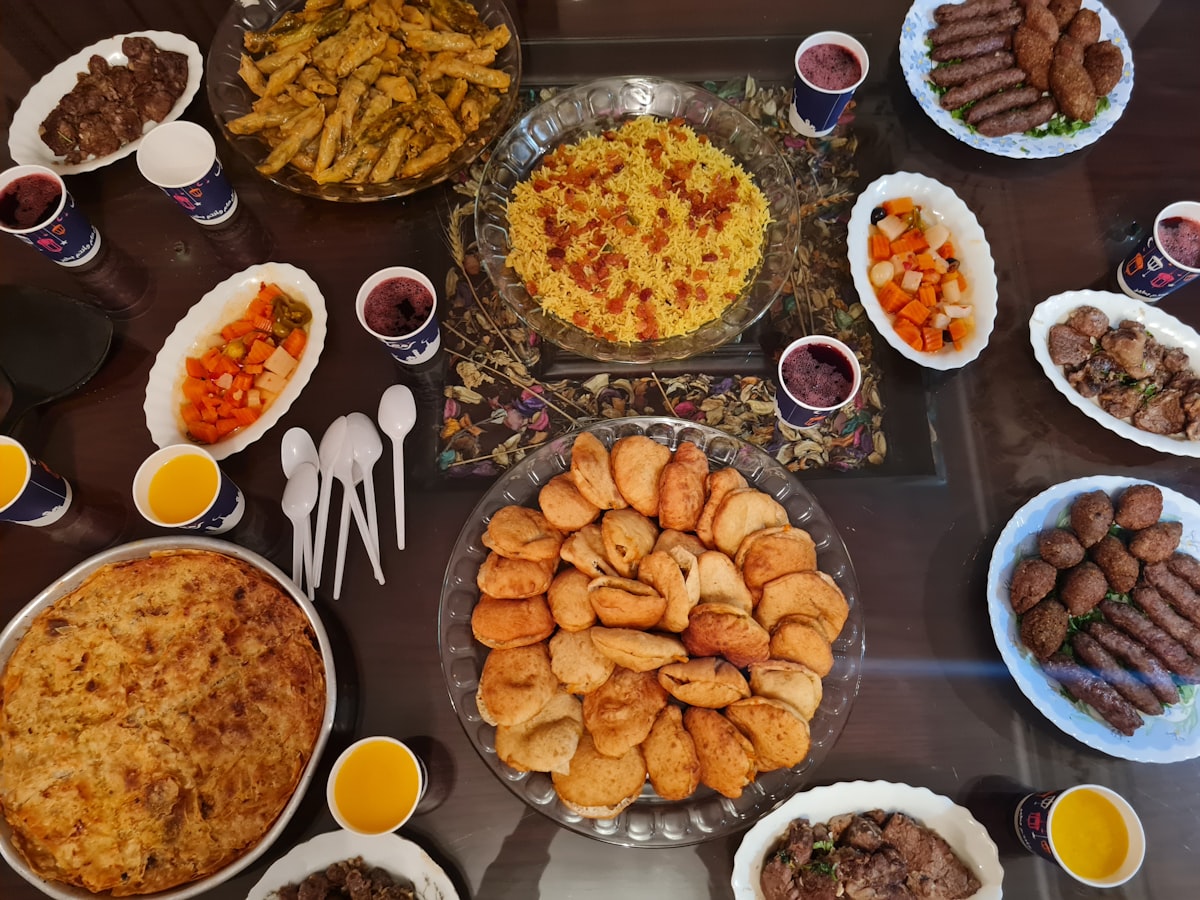 A generous spread of traditional Caucasus dishes laid across a shared table