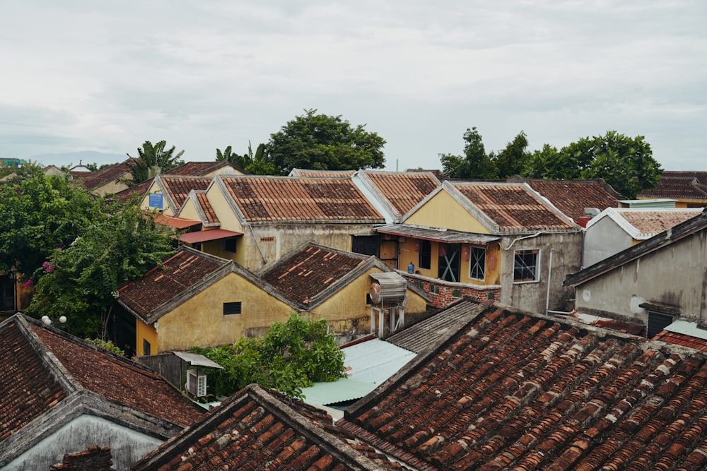a group of rooftops with trees and a cloudy sky