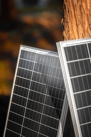 Two solar panels are leaning against the trunk of a tree, with sunlight casting patterns on them. The setting appears to be outdoors, possibly in a wooded area, with a play of light and shadow on the panels and bark.