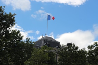 A French flag is fluttering atop a building roof. The sky is bright blue with some clouds scattered across it. Surrounding the scene are lush green leaves of trees, and there is a street lamp visible among the foliage.