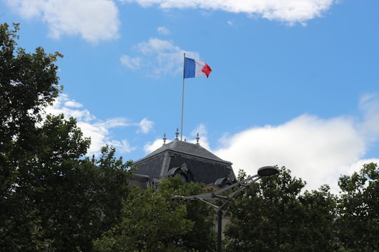 A French flag is fluttering atop a building roof. The sky is bright blue with some clouds scattered across it. Surrounding the scene are lush green leaves of trees, and there is a street lamp visible among the foliage.