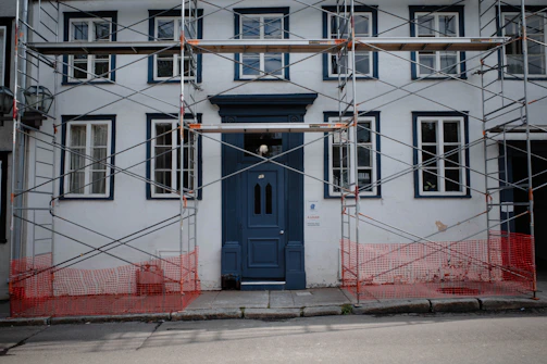a building with a blue door