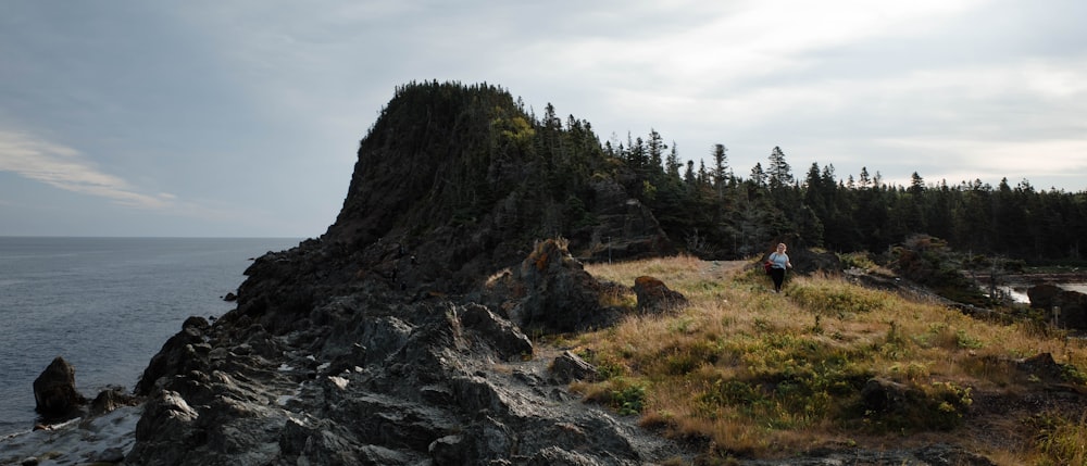 a person on a rocky cliff by the water