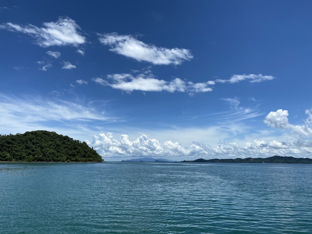 a body of water with trees and a land in the distance