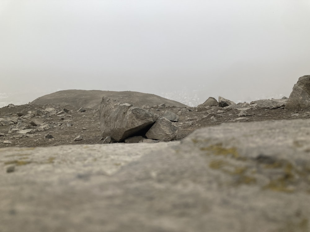 a rocky area with a hill in the background