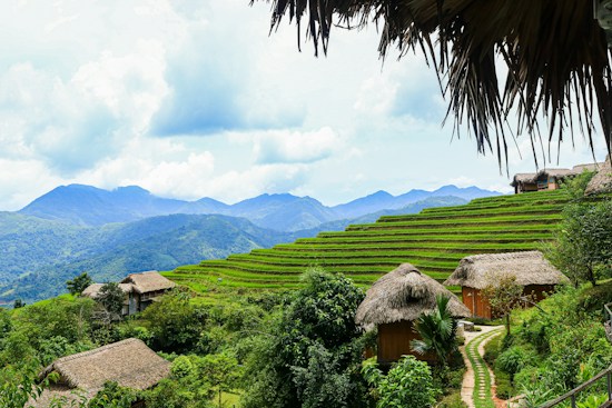 A scenic landscape featuring terraced rice fields set against a backdrop of verdant mountains. Traditional thatched-roof huts are scattered among lush green foliage. The sky is partially cloudy, adding depth to the breathtaking view.