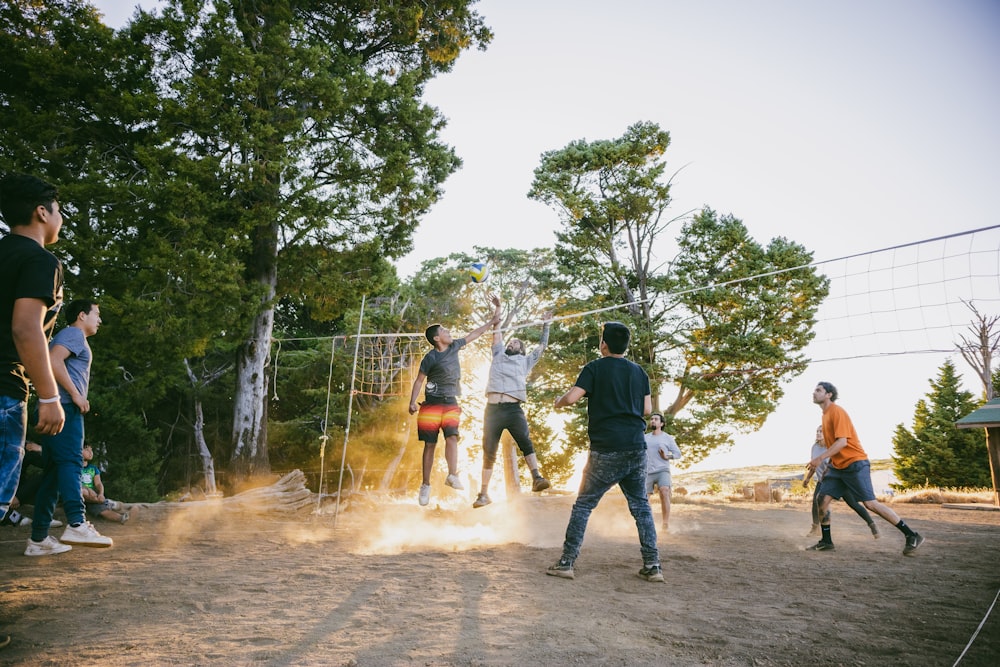 a group of people playing football