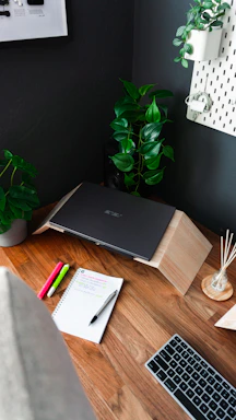 A bright, tidy workspace with a laptop and a potted plant, reflecting neat space's clean and fresh vibe.