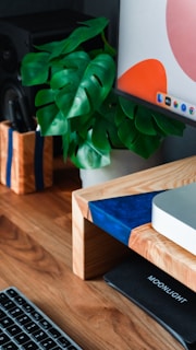 A workspace setup featuring a flat-screen monitor displaying a colorful abstract design and a wooden stand with blue accents. A lush green plant sits in a white pot beside the monitor, adding a touch of nature to the scene. The background includes a speaker and other decorative items, while a keyboard is partially visible on the wooden desk surface.