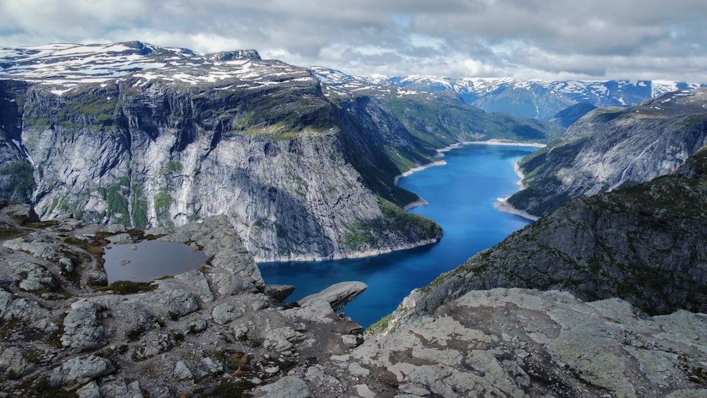 a lake surrounded by mountains