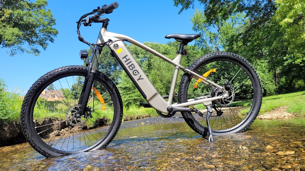 a bicycle parked in a stream