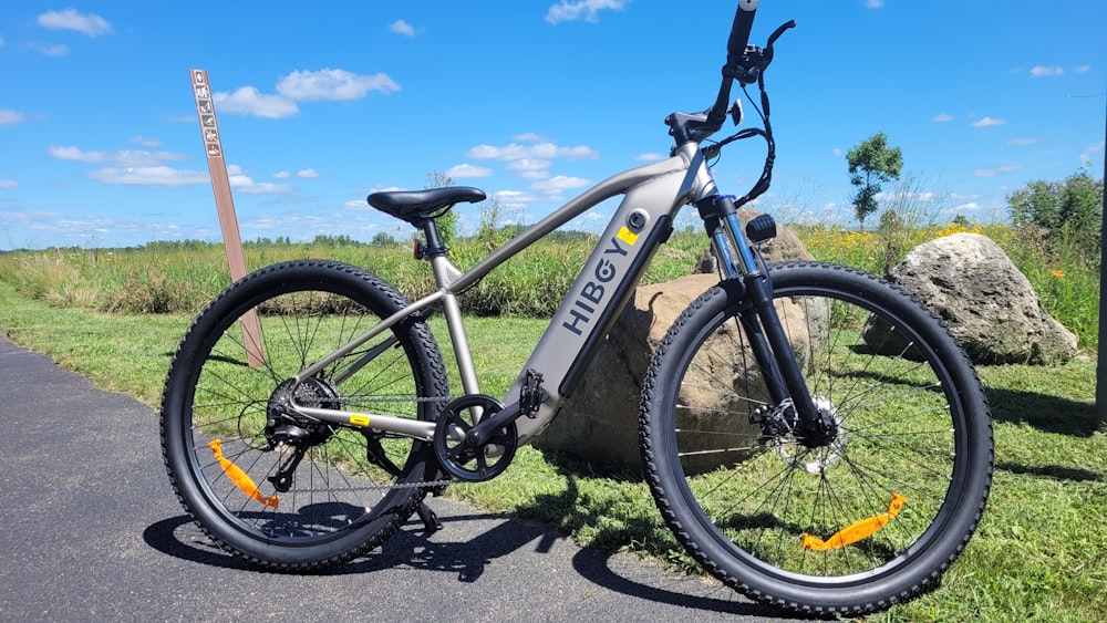 a bicycle parked on a road