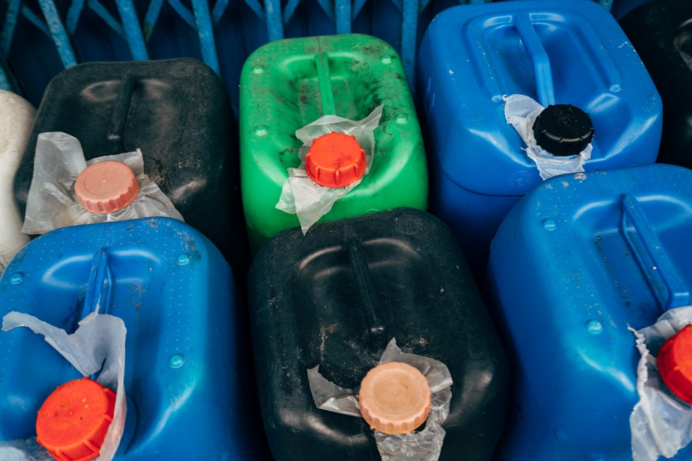 a group of blue and green objects