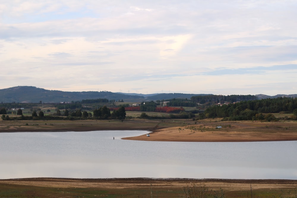 a body of water with land in the back