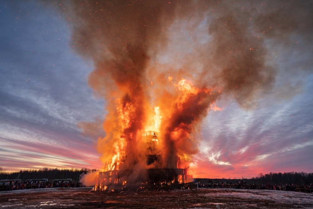 a large fire in a field