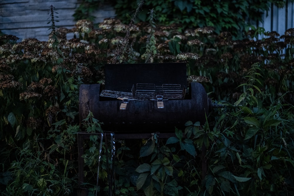 a black grill in a garden