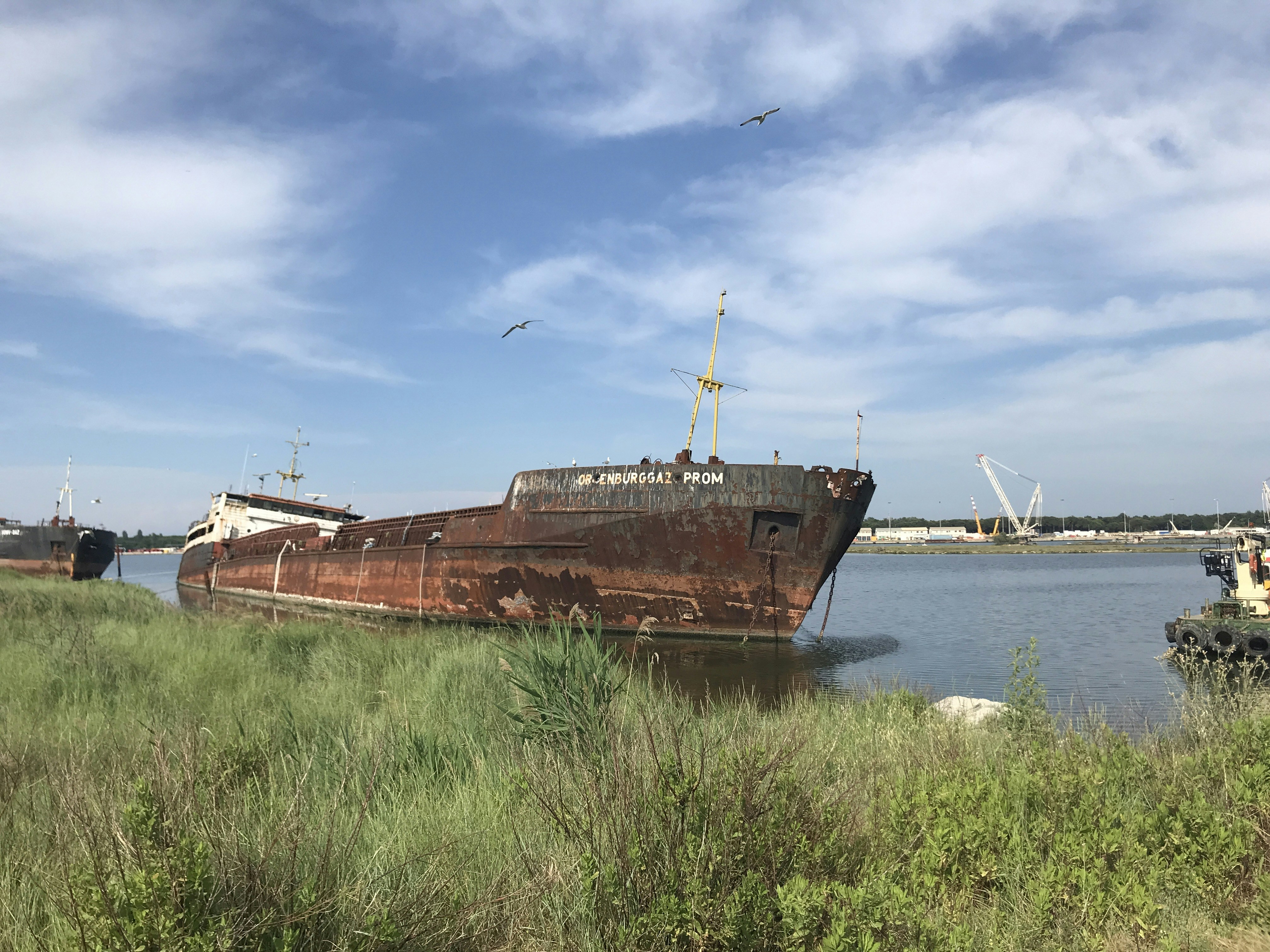 a rusted ship in the water