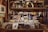 A vintage record store display features a wide array of vinyl records sorted into sections, with prominent labels. Above the records, retro figurines and posters of jazz musicians and album covers are displayed, creating a nostalgic atmosphere.