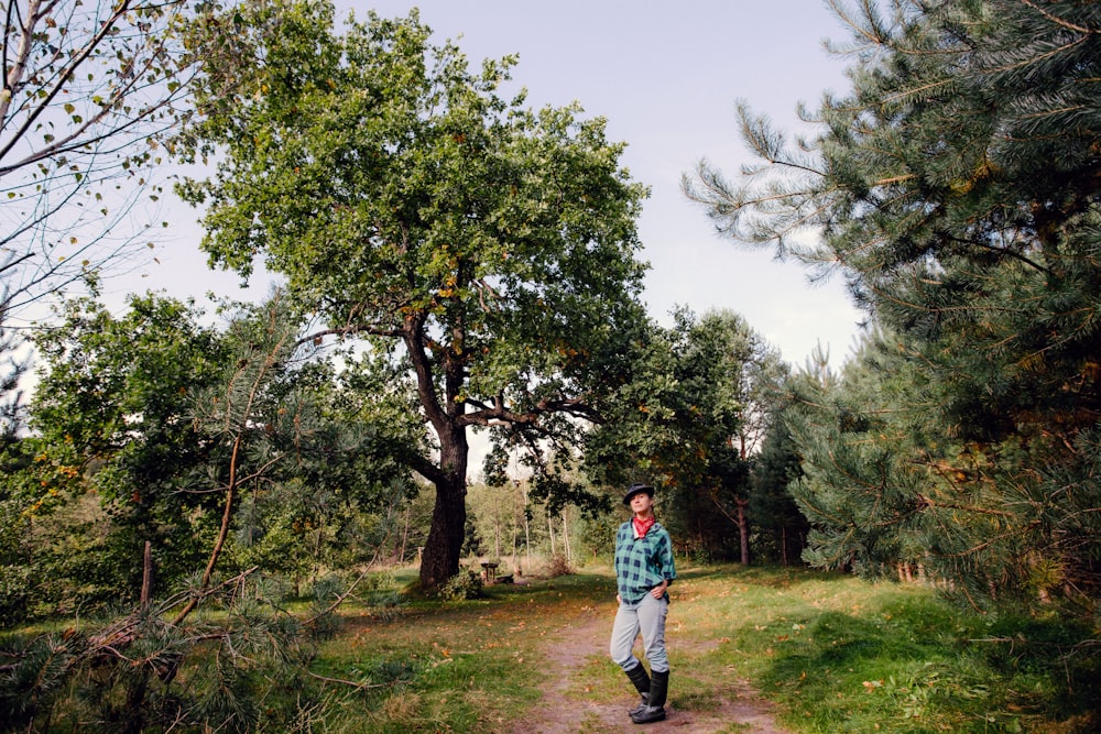 a person standing on a path surrounded by trees