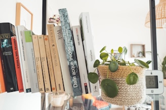 An assortment of books stacked next to a potted plant.