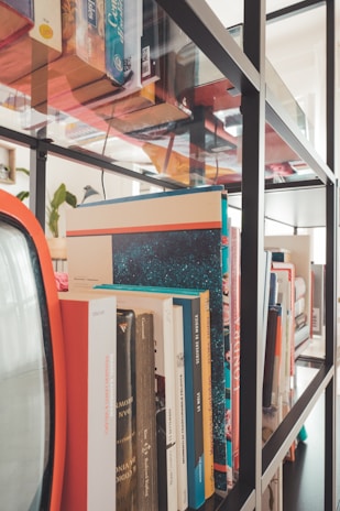 A neatly arranged corner metal storage rack holding books and plants in a bright, airy room.