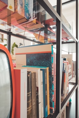 Books are neatly arranged on a black metal shelf, with a mix of different sizes and colors. The shelf is positioned in a well-lit room, suggesting a cozy reading area or library setting. Some potted plants can be seen in the background, adding a touch of greenery.