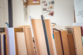 A collection of books is lined up closely together, with visible spines and pages. The books have varying sizes and colors, creating an assortment of textures and shades. The background is softly blurred, suggesting several warmly lit objects or decor items out of focus.