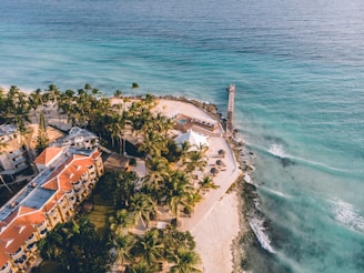 An aerial view of a coastal area featuring sandy beaches lined with palm trees and a collection of buildings with red-tiled roofs. A long pier extends into the turquoise ocean water, with the waves gently hitting the shore.