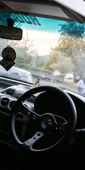 A view from inside a car showing the steering wheel and dashboard. A hanging air freshener and a small dashboard ornament are visible. Through the windshield, a road with passing vehicles and trees in the background can be seen. The lighting suggests an overcast day.